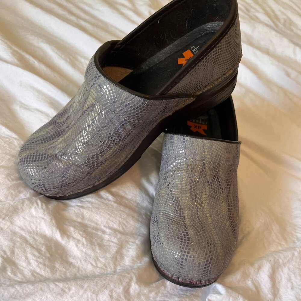 Dansko purple snakeskin clogs